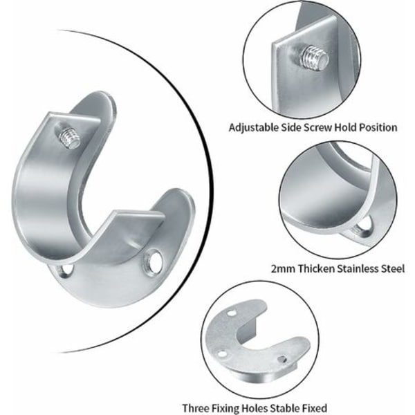 4-pack gardinstångsfästen, rostfria klädstångssocklar, garderobsstång U-formad flänsstångsfäste 52*45mm, innerdiameter 28mm (Silver)
