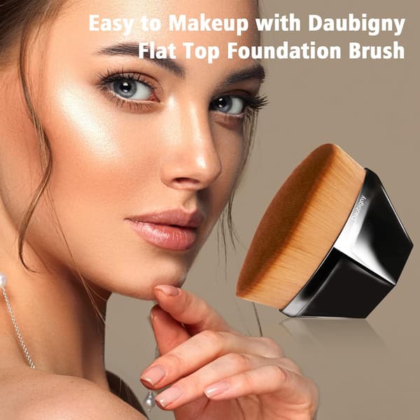 Foundation Makeup Brush Flat Head Kabuki Hexagonal Face Blush Liquid Foundation Brush for Blending Liquid with Protective Case (Black)