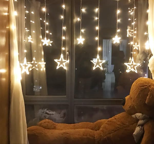 12 stjerner 138 LED gardin lyskæde, lys med 8 tilstande varm hvid