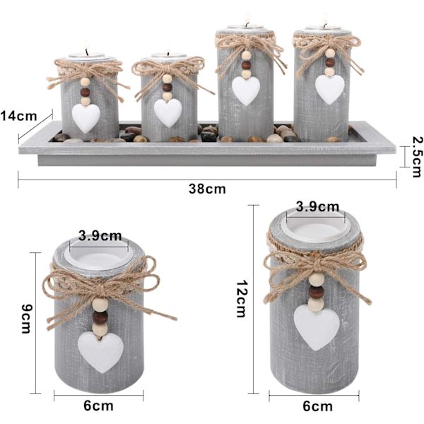 Ljushållare Set om 4 Grå Träbricka, Ljushållare Tealight Centerpieces Födelsedag Hem Jul Ljushållare