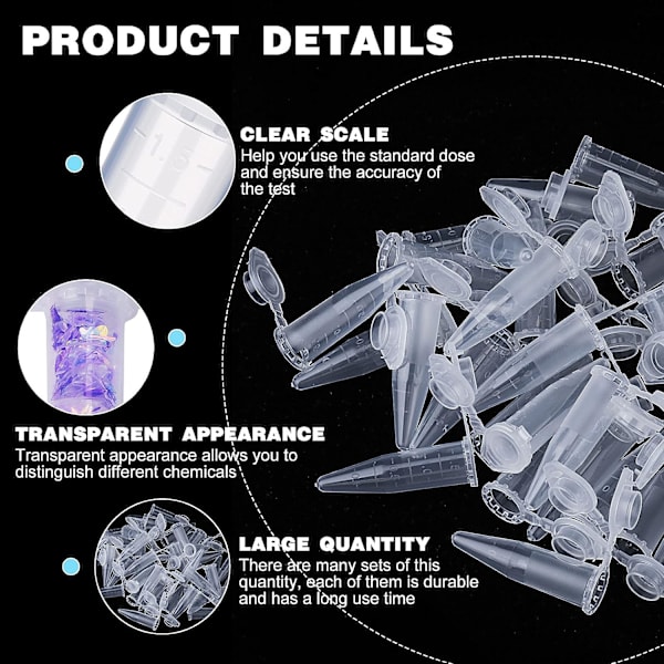 1,5 ml plast, genomskinliga mikrocentrifugrör med pipett, 100 stycken