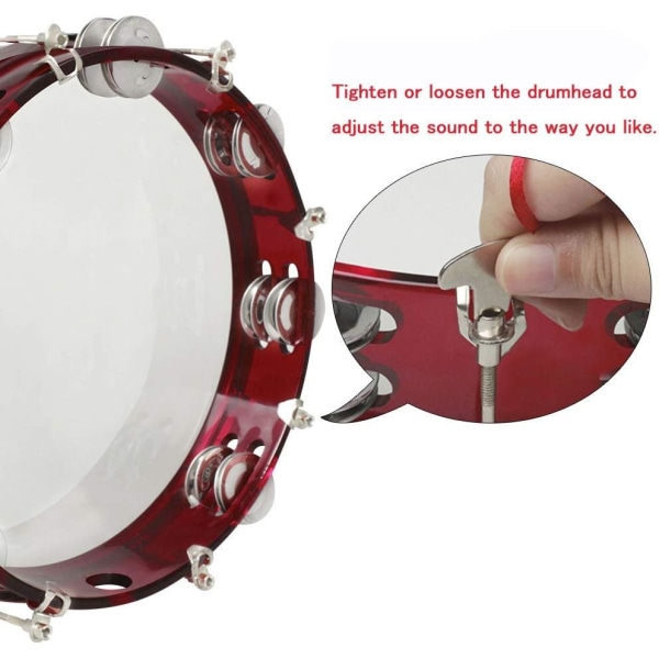 Tamburin justerbar ton handtrumma dubbelrad metallnivå handhållen slagverk (röd) Red