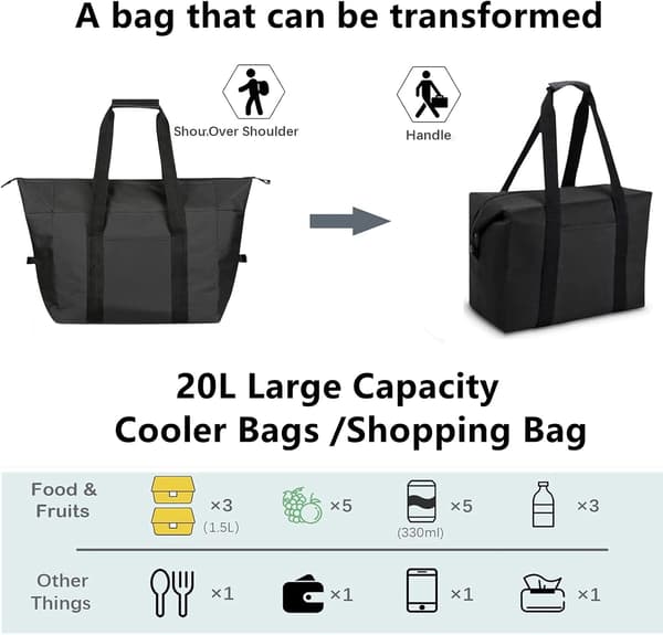 20 L Kjølebag, Sammenleggbar, Handlepose, Piknikbag, Termisk Bag med Isolasjon, Isolert Bag