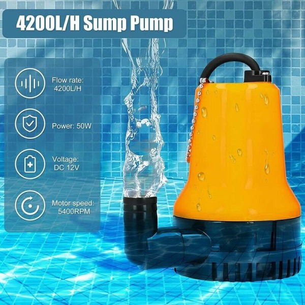 12V dränkbar pump dränkbar pump 50W 4200L/H DC-pump avloppspump portabel ledningslängd 2,3 meter med fixtur, lämplig för fiskdammar