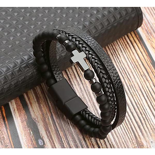 Herr Läder Pärlor Armband Handgjorda Flätade Rostfritt Stål Magnetlås Armband（svart）
