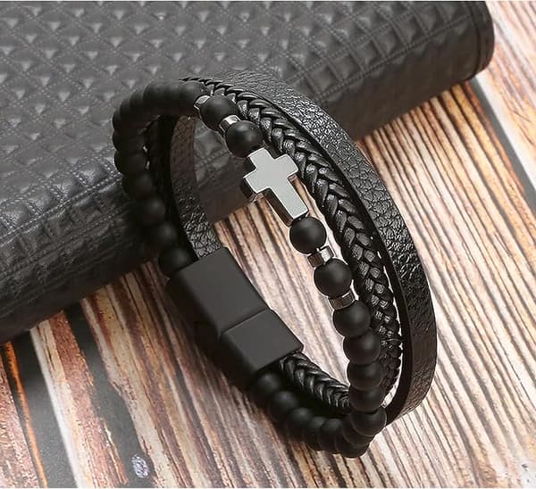 Herre læderperlearmbånd håndflettet rustfrit stål magnetisk lås armbånd (sort)