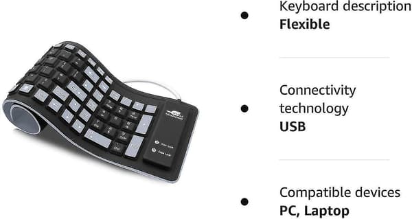 Fleksibelt tastatur, vandtæt foldbart bærbart blødt silikone tastatur USB kablet roll-up (sort+grå)