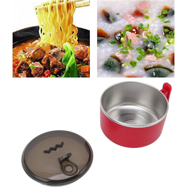 Isolerad skål, Ramen skål, 304 Rostfritt stål Dubbel Instant Pastaskål med lock (röd) red