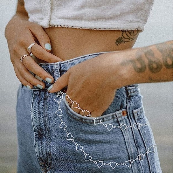 Flerskiktad legering hjärtjeans kedjor midja hiphop kedja magkedja punk accessoarer（silver）