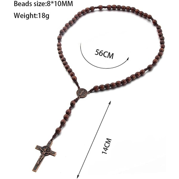 Katolsk kors rosenkrans halsband, naturliga träbönpärlor med Jesus Kristus Saint Benedict（mörkbrun） Dark brown