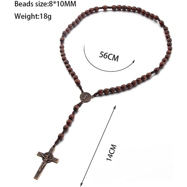 Katolskt kors Rosenkranshalsband, bönpärlor i naturligt trä med Jesus Kristus Saint Benedict (mörkbrun) Dark brown