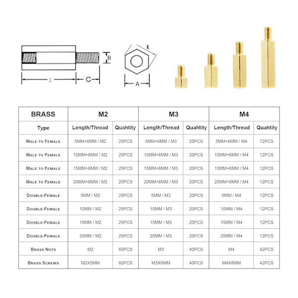 320 stycken M2 han- och hon-sexkant mässingsdistanser distanshållare gängad pelare PCB moderkort sortimentssats