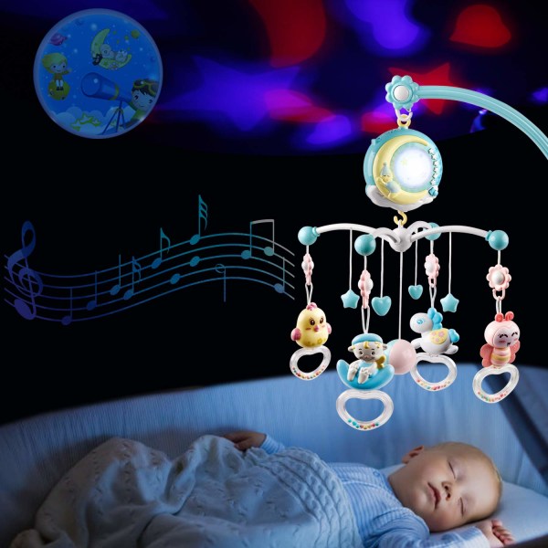 Baby Musical Spjälsäng Mobil med Timing Funktion Projektor och Lampor - blå blue
