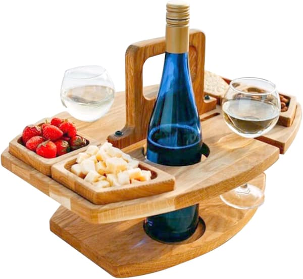 Bærbart vinpicnicbord med 2 vinglasholdere i træ, mini snackbakke
