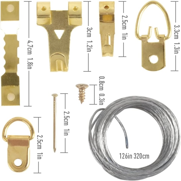 181-delars set för upphängning av foton, inklusive linor, D-krokar, sågtandade bakstycken, spikar och skruvar