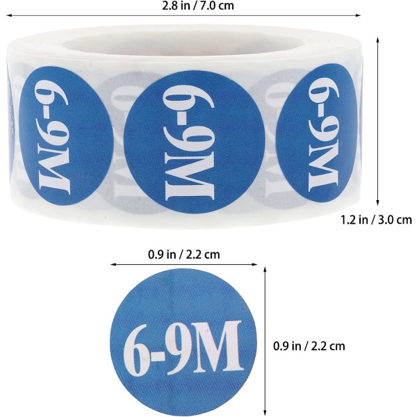 2 rullar baby storlek runda klistermärken Självhäftande storleksetiketter (6-9M) 6-9m