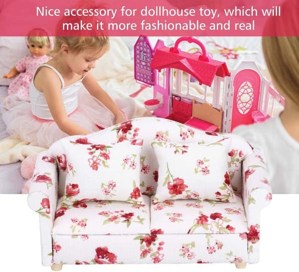 Dukkehusmøbler Sofa, Minisofa med 1/12 blomstermønster, Velegnet til tilbehør