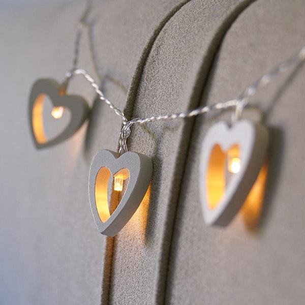 Trähjärtformade ljusslingor - Batteridrivna - 10 varmvita LED-lampor