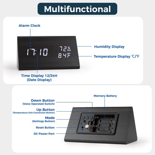 LED Elektronisk Træur Kubikur, Temperatur og Luftfugtighed, 12/24 Timer (Sort Trekant)