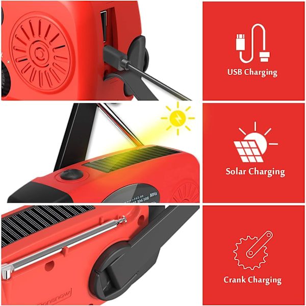 Solardriven nöd NOAA väderradio handvev självdriven AM FM WB radio 3 LED ficklampa red