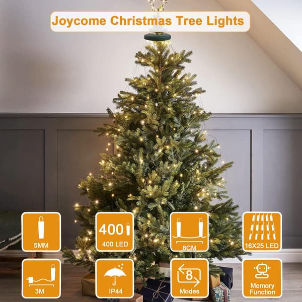 Juletrelys 400 LED 2mx16 linjer Juletrenettlys med ring, 8 moduser (varmhvit)