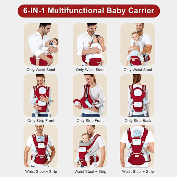 Babybärsele, Ergonomisk Baby Hip Seat, Justerbart Huvudstöd, med 9 Bärpositioner (Röd) Red