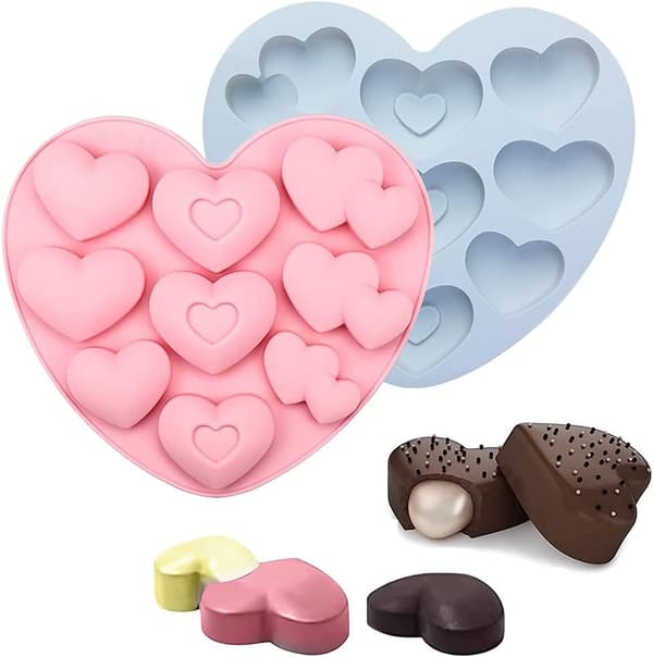 2 stk. hjerte sjokoladeform, 3D silikon bakeform, med 3 former og 9 hull (rosa+blå)
