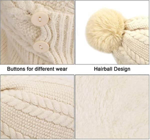 Vinter Varma Stickade Mössa & Halsvärmare Set, Flexibel Stickad Mössa med Hårboll, Beige Beige