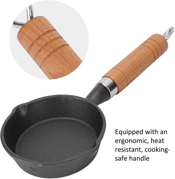Mini støpejernspanne, forbehandlet liten støpejernspanne med trehåndtak 10 cm