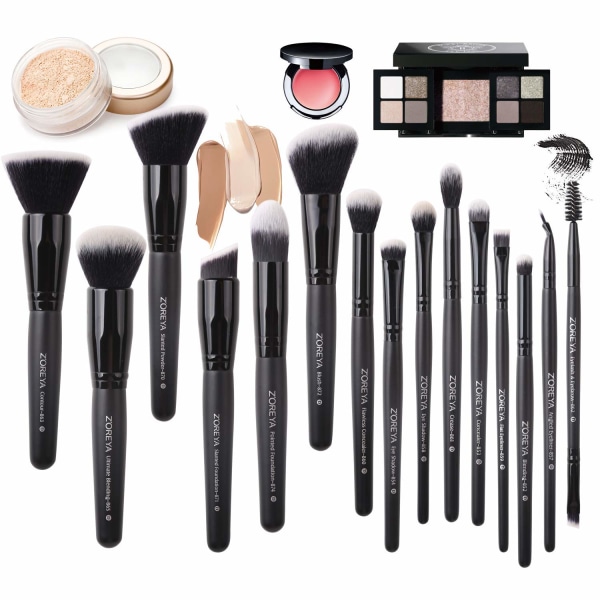 Trähandtag Makeup Borste Premium Syntetisk Makeup Borste Set 15 Delar (Svart)