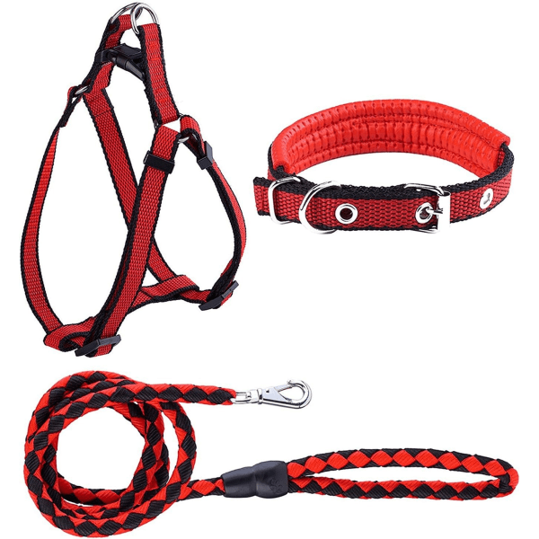 Justerbar hundsele i nylon med flätad koppel (svart röd, M) 3 delar Black + Red m