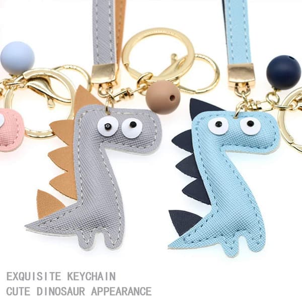 2 stk. Dinosaur Nøgleringe i Læder, Nøgleringe med Nyhedspung Charm (Abrikos+Blå) color 2