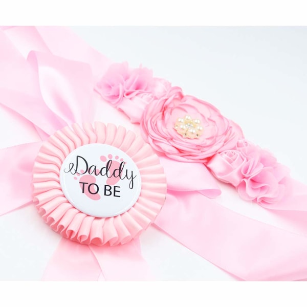 Dekorativt bälte och plåtmärke för babyshower för pojkar (rosa) 2 delar