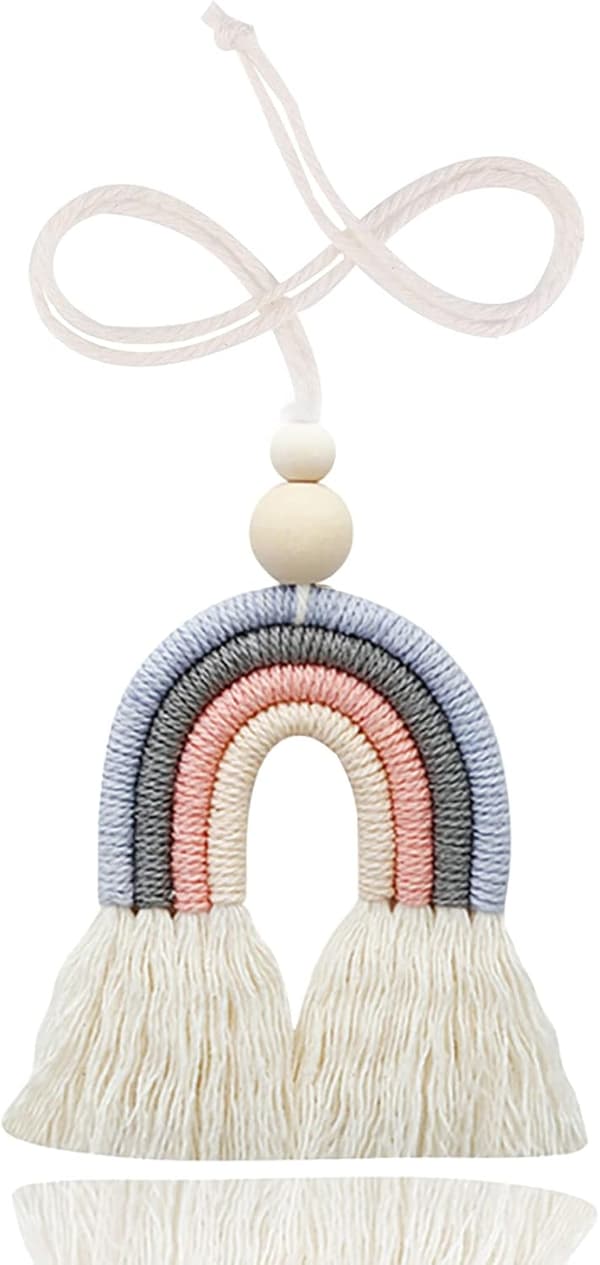 1 st Macrame Rainbow Bil Charm med Träpärlor för Hemvägg Bil Dekoration grey