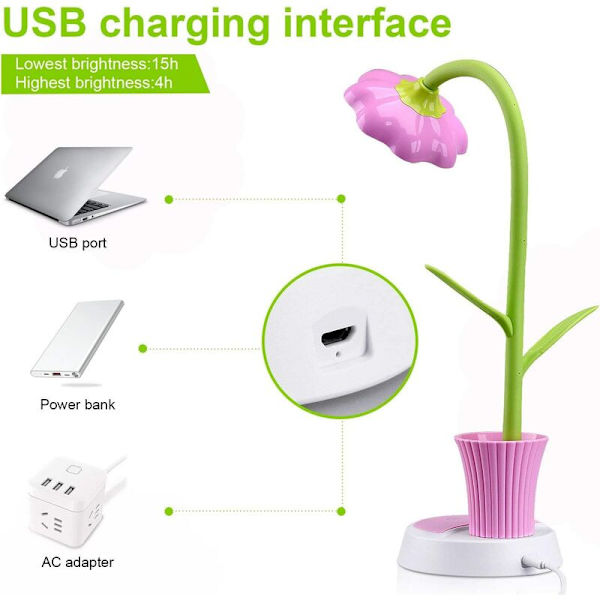 LED-bordslampa, 3W sänglampa, barnläslampa, justerbar touch-ljusstyrka, USB-laddningsbar 1200mAh, smartphone-sugkoppar. rosa
