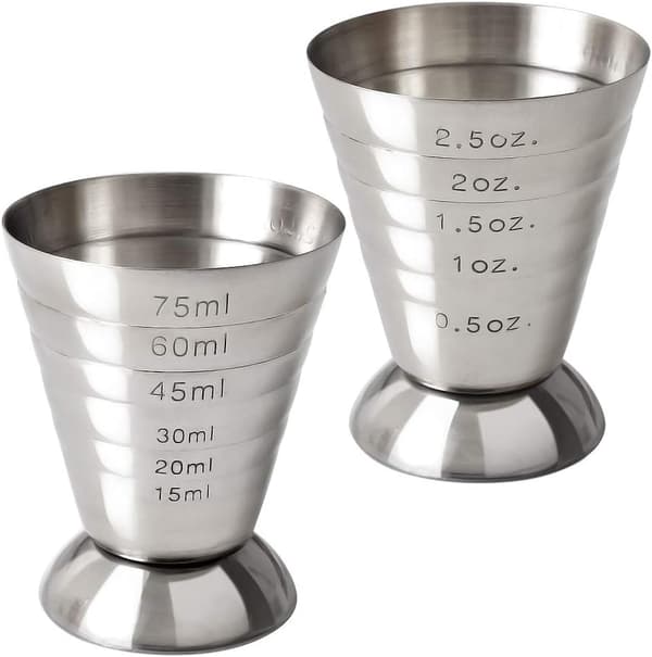 Cocktailmåler i rustfritt stål, 2,5 oz, 75 ml, 5 spiseskjeer, pakke med 2