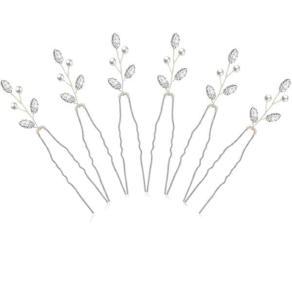 6 stk. perlekrystall brudehårnåler Rhinestone blomster bryllupshårstykke (sølv) silver