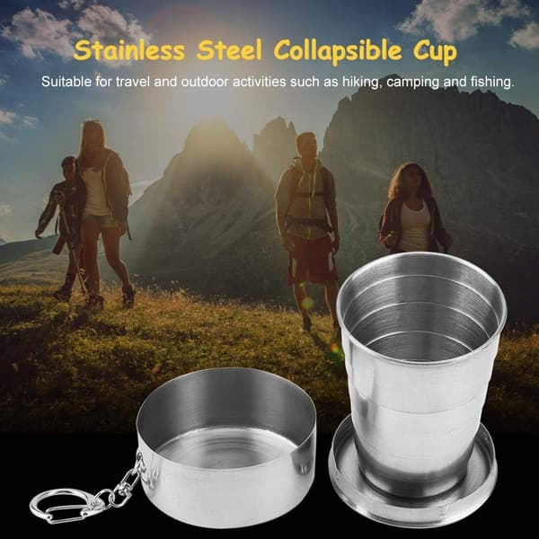 Bærbar foldbar rustfri stålkop med nøglering til rejser, camping, overlevelse [6-fold 75ml]