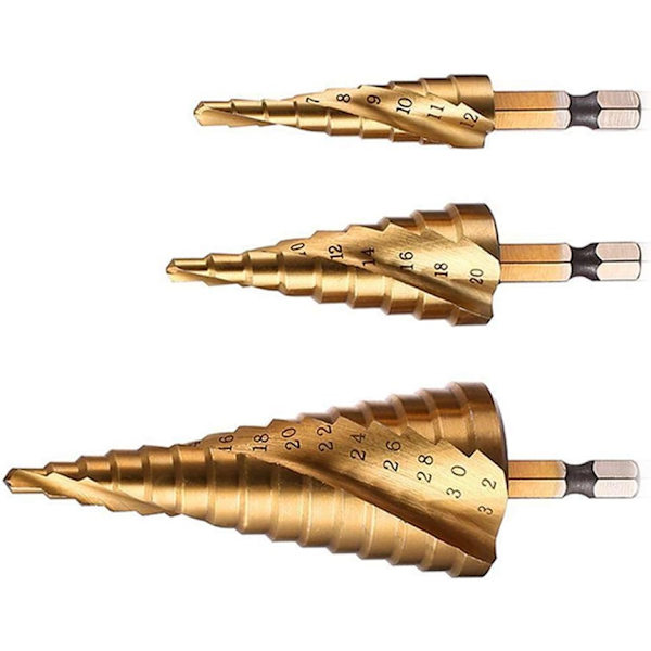 Spiralformad stegad borr set, höghastighetsstål titanbelagd, 4 mm till 12/20/32 mm (5/32\" till 5/4\")