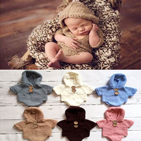 Nyfödd bebis virkad stickad kostym kläder foto rekvisita playsuit (brun) brown