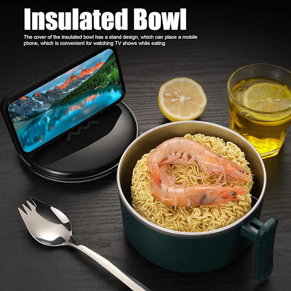 Isolerad skål, Ramen skål, 304 Rostfritt stål Dubbel Instant Pastaskål med lock (Grön) Green