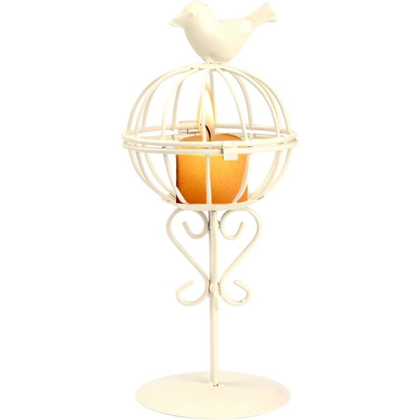 Vintage Fågelbur Ljusstake Dekorativa Bröllopsljus Centerpieces （9.1x3.9tum） White
