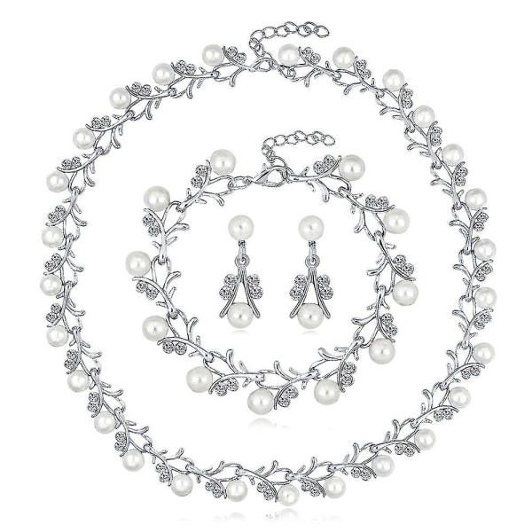 Pearl Diamond Kristall Halsband Örhängen Armband Dam Set（silver） Silver