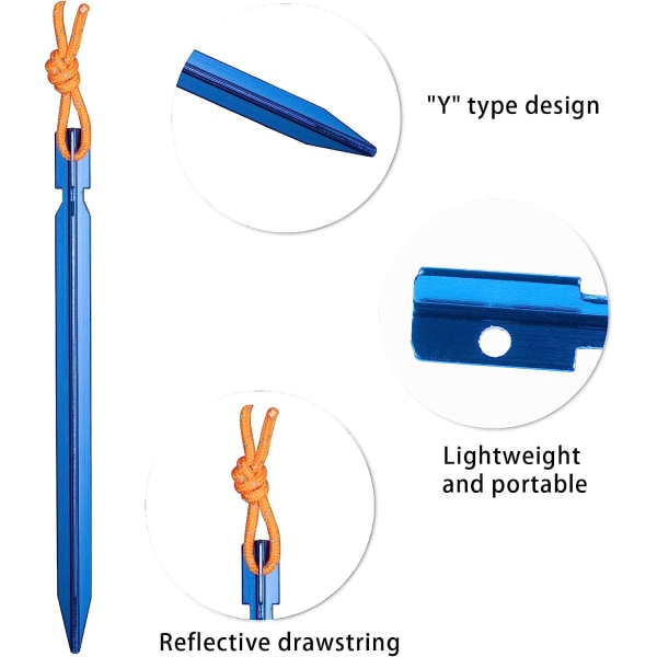 12 delar tältpinnar, Y-formad aluminiumlegering campingspik med reflekterande rep (blå) blue