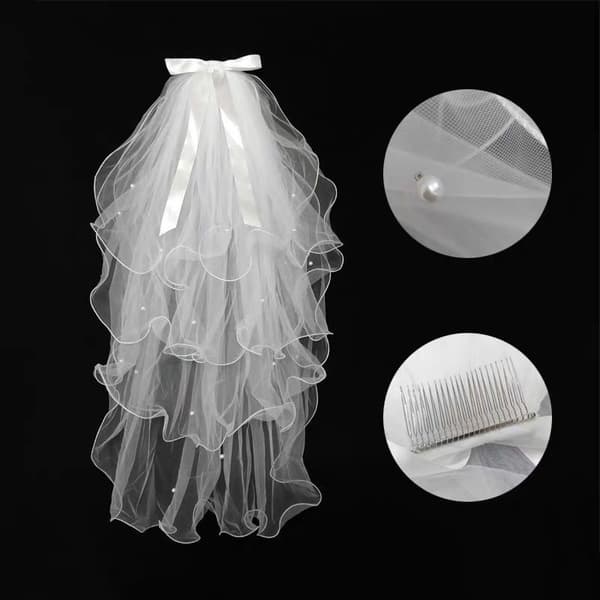 Trendiga retro bröllopsaccessoarer Puffy Strap Comb Pearl Bow Lace Bridal Veil