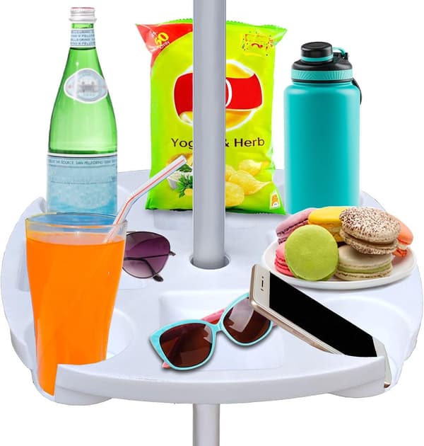 17\" Strandparaplybordbrett med 4 koppholdere, 4 snackrom, hvit