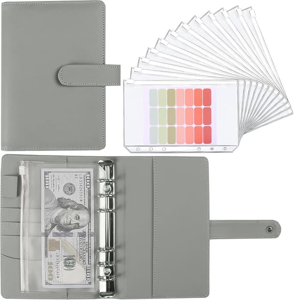A6 Budget Binder med Kontantenveloppe, PU Læder Notesbog Binder - Lysegrå