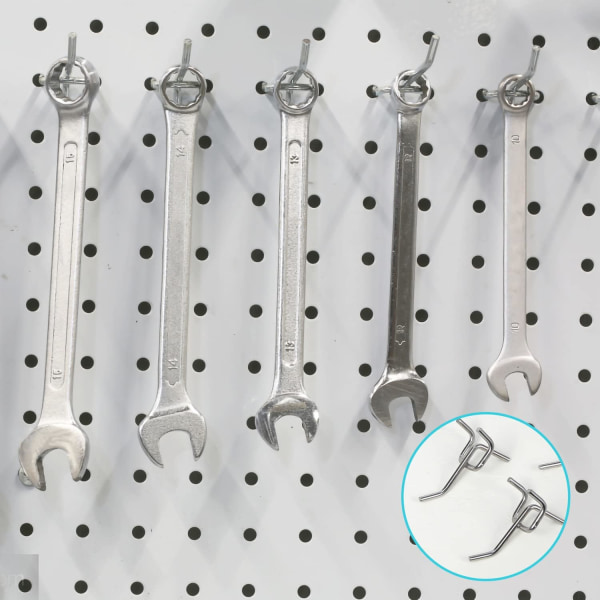 50 st krokar för perforerade paneler, avstånd mellan hål 25 mm tjocklek 32 mm längd 50 mm väggkrokar garage  (silver)