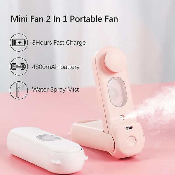 Mini Fläkt 2 I 1 Bärbar Fläkt Luftfuktare Hållbar Tyst Fällbar Pink