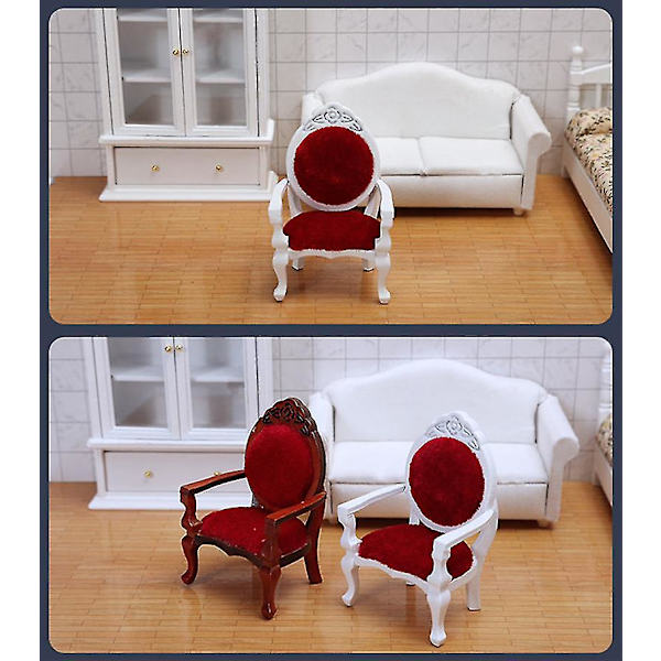 2 st 1:12 Miniatyrhusmöbler Trä Snidade Enkelsoffa Stolar Vintage Röd
